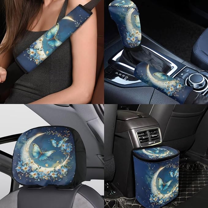 BIGCARJOB Moon Butterfly Car Seat Cover Full Set 15 Pieces Butterfly Print Car Interior Accessories Set with Steering Wheel Cover Car Trash Can Hanging Seat Headrest Covers for Womens