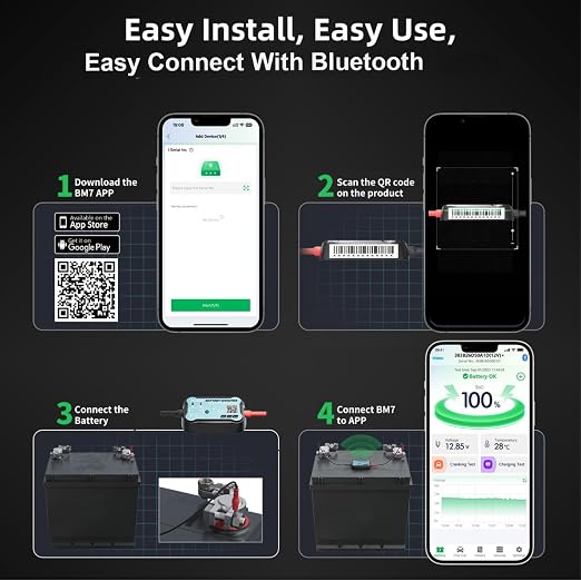 6V 12V 24V Bluetooth Battery Monitor BM7–Work for All Lead-Acid & Lithium Battery with Charging, Cranking System Test & Auto Alarm – Waterproof Voltmeter for Cars, Vans, Trucks, Motorcycles, Boats