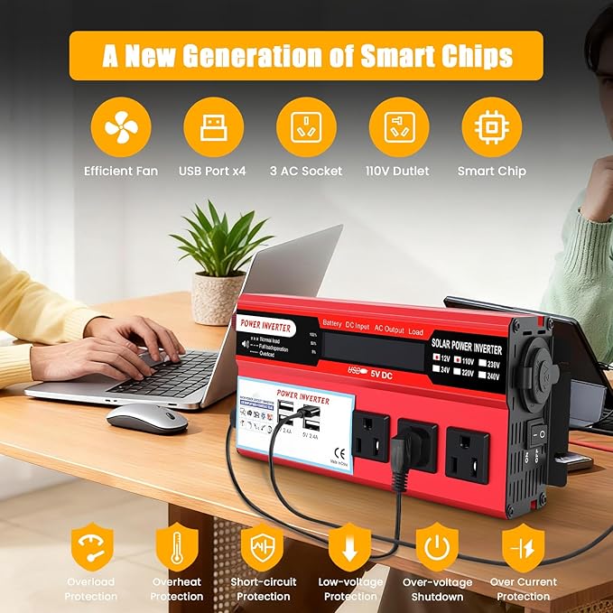 ALSO GO 1000W Power Inverter 12V DC Volt to 110V AC Car Inverter with LCD Screen Display, 3 AC Outlets, 4X 2.4A USB Port, Car Power Converter for Truck, Home, Vehicles, Laptop, Trip