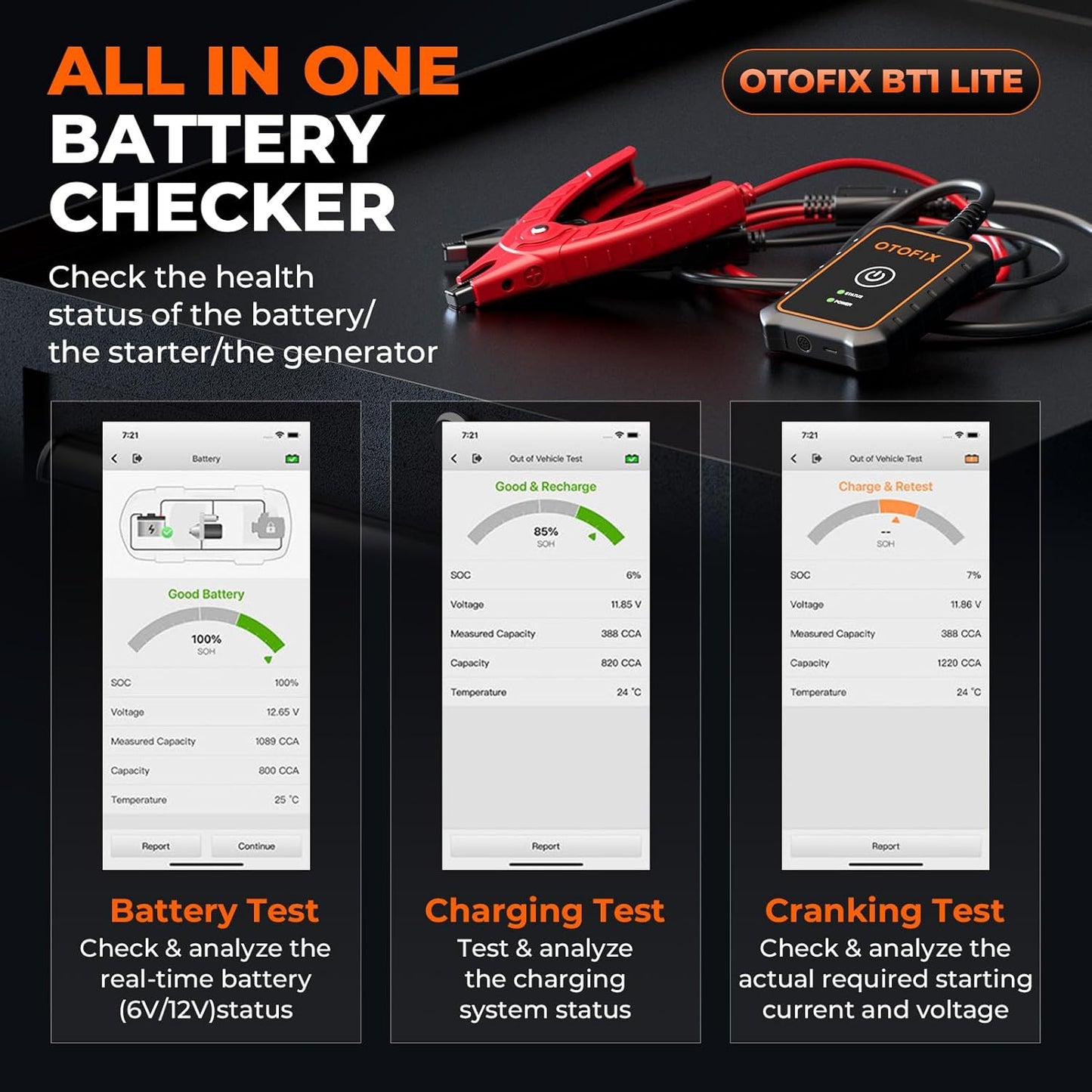 OTOFIX Car Battery Tester BT1 Lite, 6V 12V 100-2000 CCA Car Battery Analyzer, Auto Cranking Charging System Test Scan Tool, Battery Load Test,Use with D1/D1 Lite/D1 PROS/D1 MAX/IM1/IM2/Ultra