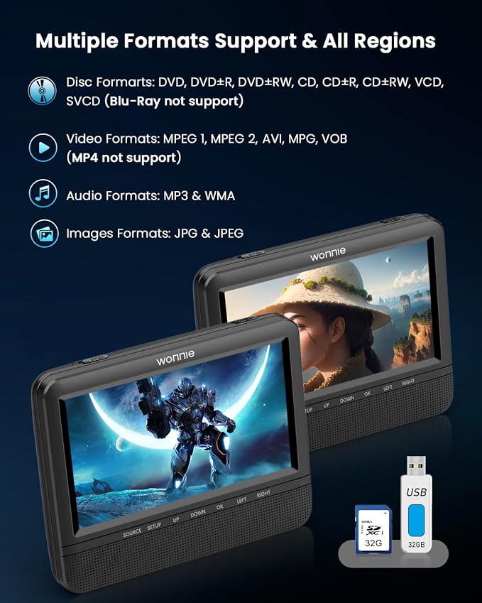 WONNIE 7.5'' Car DVD Player Dual Screen, Headrest DVD Player Play the Same or Two Different Movies with Headrest Straps, Support Last Memory, AV Out/in, USB/SD, All Regions
