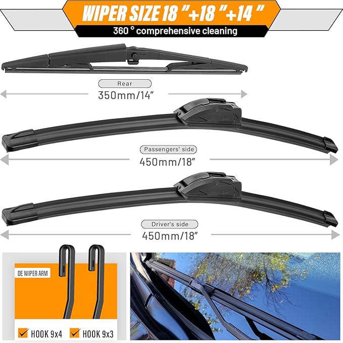 AUTOBOO 18"+18" Windshield Wipers with 14" Rear Wiper Blade Replacement for Jeep Commander 2006 2007 2008 2009 2010 -Original Factory Quality (Pack of 3)