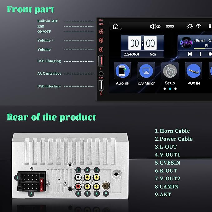 [Stable] Double Din Car Stereo with Wireless Apple CarPlay and Android Auto, 7 inch Touchscreen Car Audio Receiver with Bluetooth, FM Radio, EQ, Mirror Link, Rearview Camera, USB/AUX/U Disk/SWC