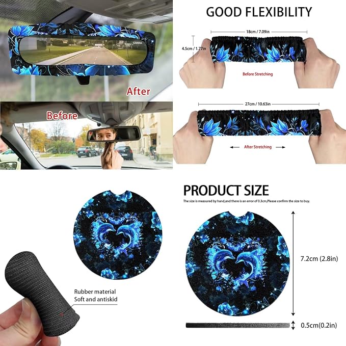Blue Dolphin Car Seat Cover Full Set 15 PCS, with Steering Wheel Cover Seat Belt Strap Pad Trash Bag Rearview Mirror Accessories Cup Holder Keychain