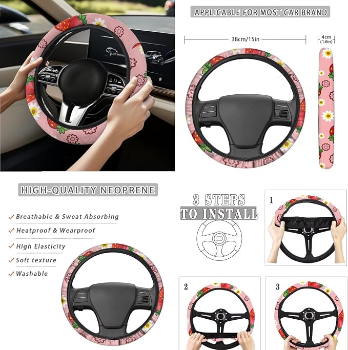 Strawberry Floral 15 PCS Car Seat Cover Set with Auto Steering Wheel Cover Seat Belt Strap Protector Cup Holder Trash Bag Rear View Mirror Protector Keychain