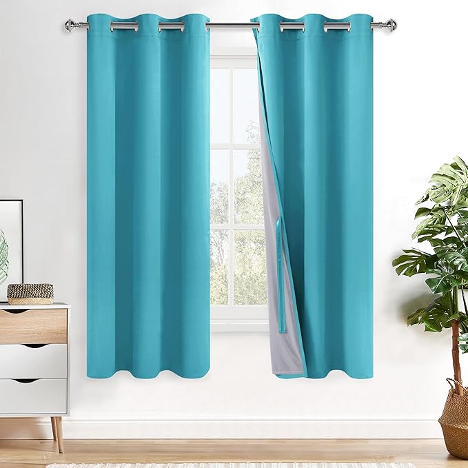 XWZO 100% Blackout Curtains with Tiebacks - Heat and Light Blocking Ring Top Window Drapes with Black Liner Backing for Bedroom/Kid's Room, Turquoise, W38 x L72, Set of 2 Panels