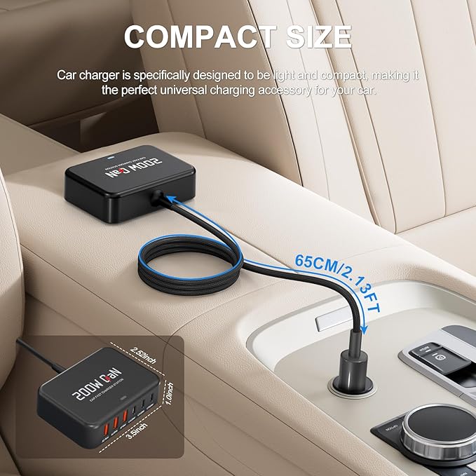 2026 New 200W GaN Fast Car Charger USB C 6-Ports Compatible with MacBook Pro/Air, Dell XPS, Lenovo ThinkPad, PD3.0 & PPS for iPhone 17/16 Series, Galaxy S26/S25 Ultra
