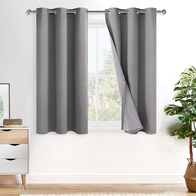 XWZO 100% Blackout Curtains 2 Panels with Tiebacks- Double Layers Heat and Full Light Blocking Window Panels with Grommets for Narrow Wide Short Windows, Grey, W38 x L45, Set of 2