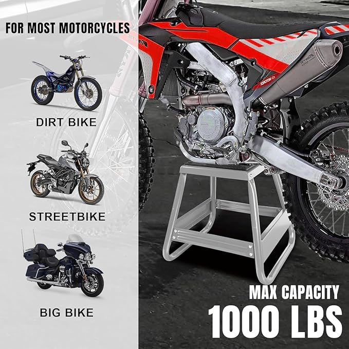 Big RED Dirt Bike Stand, 1000lb Capacity, Universal Detachable Maintenance Motorcycle Lift for Kawasaki, Honda, Yamaha, Silver