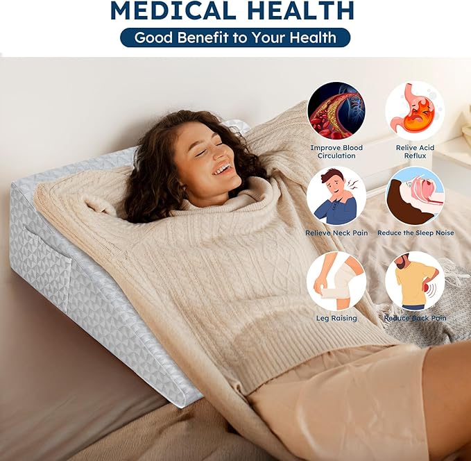 12" Wedge Pillow for Sleeping, Bed Wedge After Surgery, Back Pain Relief, Memory Foam Pillow Triangle Incline Wedge for Back Support, Leg Elevation (Light Grey)