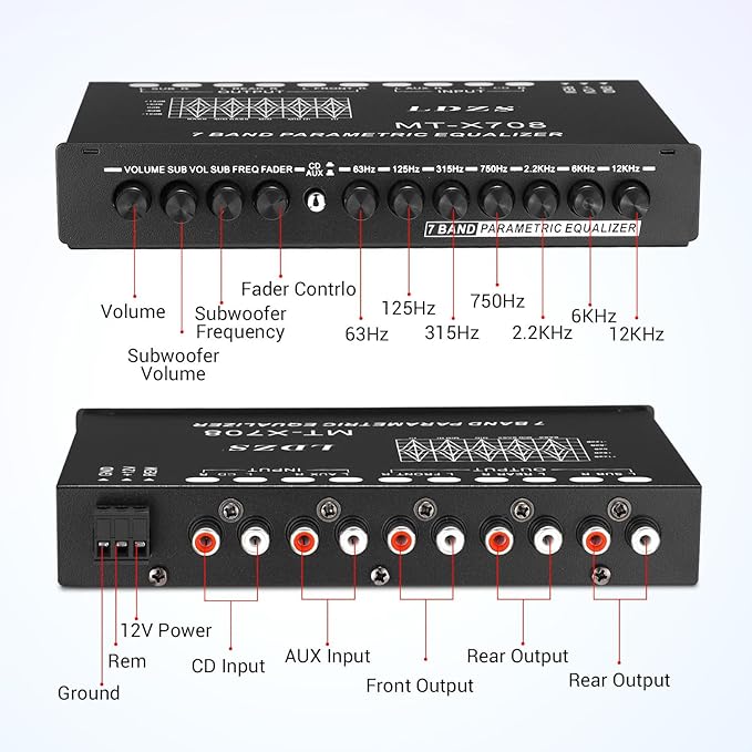 Facmogu 7-Band Car Audio Equalizer, Adjustable 7 Bands EQ Car Amplifier Graphic Equalizer with CD/AUX Input Select Switch, Front/Rear + Sub Output, for Boat RV RTV Motorcycle Car Stereo Tone Control