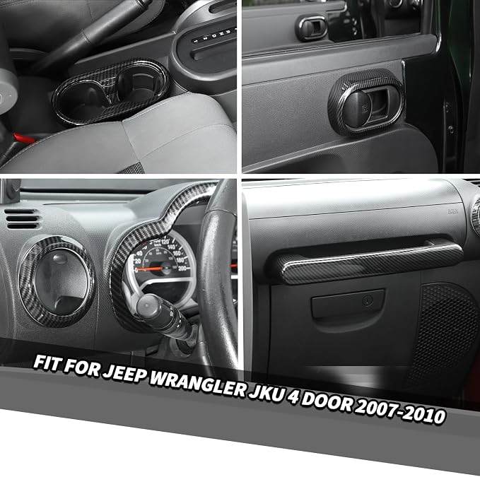 Jimen Fit for Jeep Wrangler JKU 4 Door 2007-2010, 22PCS Carbon Fiber Interior Kits - Dashboard Cover, AC Vent Ring, Window Button Switch Panel, Inner Door Handle Cover, Cup Holder Frame