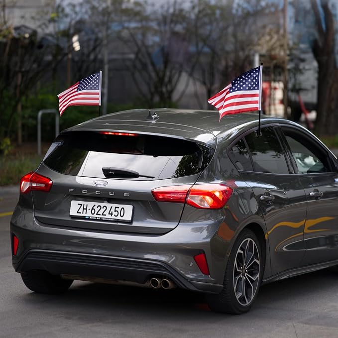 2Pack Car Flag with Flagpole Mount & American Flag, 12" x 16" Two-section Removable Flagpole, 19" USA Flag Pole Fixed Window Adjustable Clip Mount For Most Vehicle Window