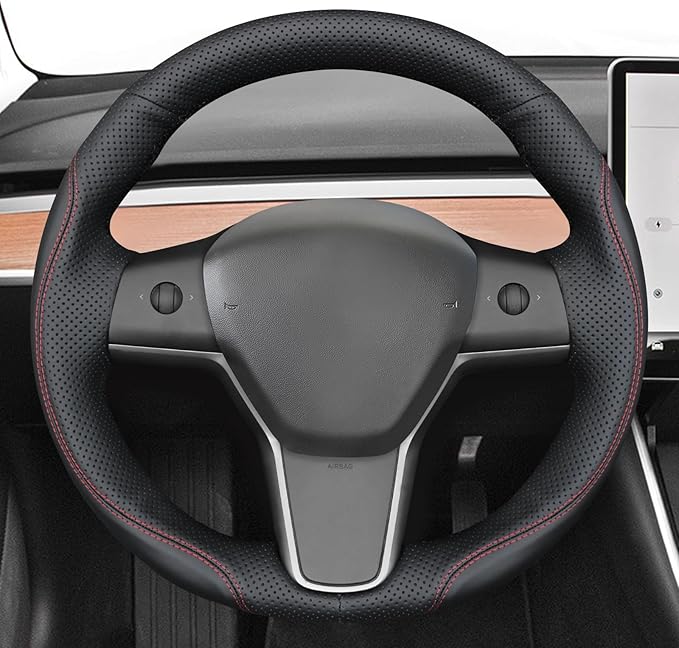 MEWANT Hand Stitch Black Real Leather Steering Wheel Cover for Tesla Model Y 2023 Tesla Model 3 2023 DIY Steering Wrap