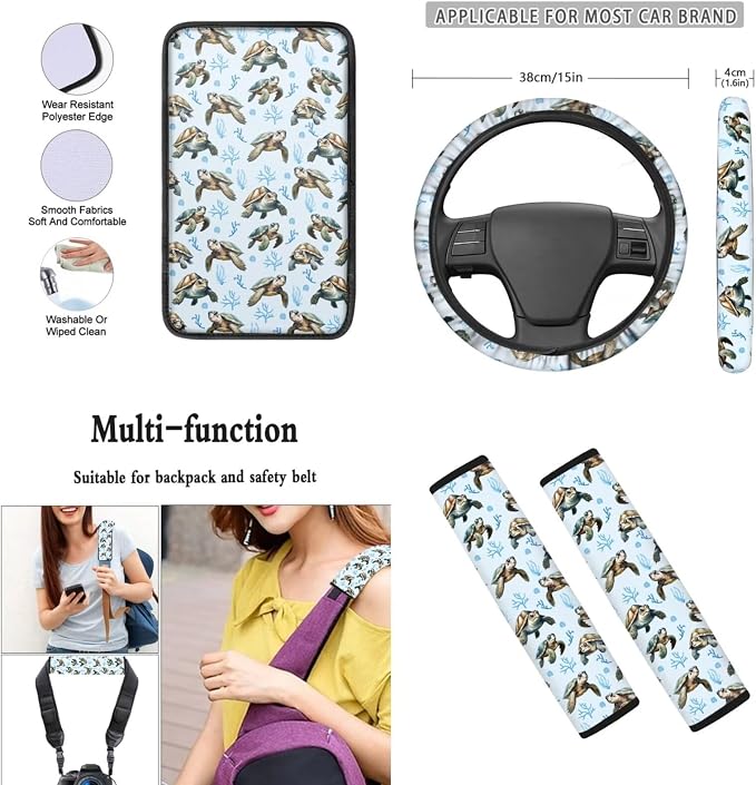 Mumeson Turtle Print Car Accessories Set for Womens Car Seat Covers with Steering Wheel Cover/Seat Belt Pads/Auto Armrest Cushion Full Set 8 Pack Interior Decoration
