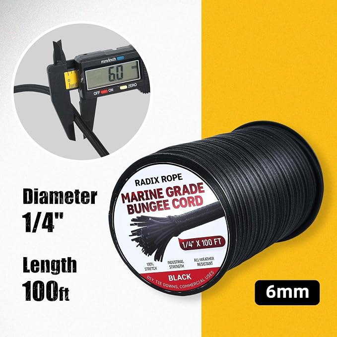 Marine Grade Bungee Cords Heavy Duty Outdoor - Bungee Cord Roll - 100% Stretch Elastic Cord and Absorbent Bungee Shock Cord for Kayak Deck, Camping, Crafting (1/4" x 100ft)