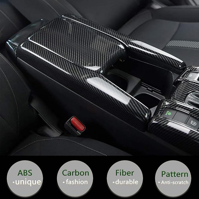 Center Console Trim Cover Compatible with Honda Civic 10th Generation 2016-2021 Center Armrest Box ABS Black Carbon Fiber (3Pcs)