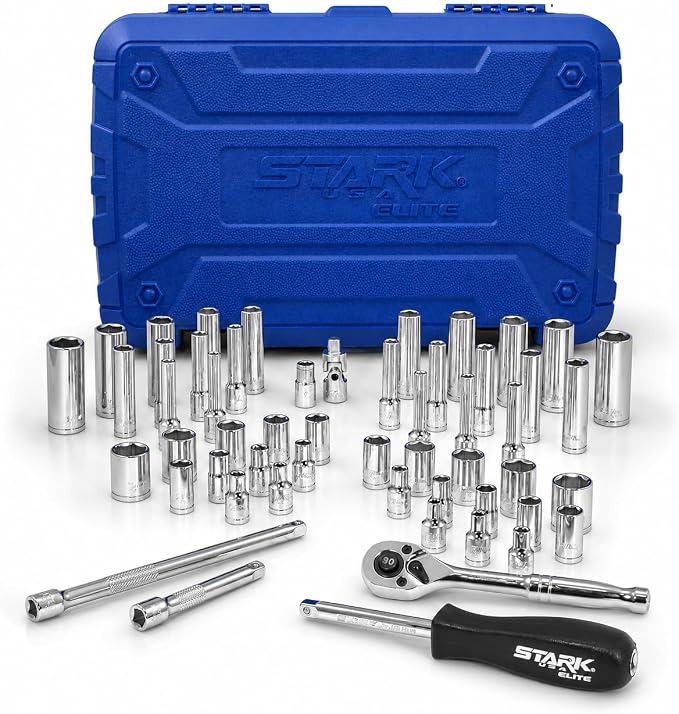 Stark USA 55-Pieces 1/4" Socket Set, Drive Socket Wrench Set, 1/4-inch Quick-Release Ratchets 90-Tooth Pear Head Ratchet SAE (5/32-9/16) MM (4-14)