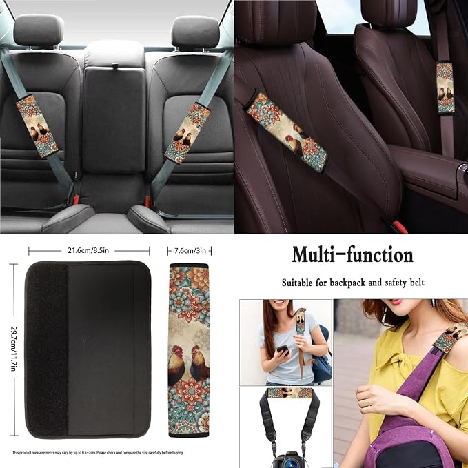 Suobstales Bohemia Mandala Rooster Chicken Print Car Seat Cover Full Set SUV Interior Accessories Front/Back Bench Bucket Seat Cover, Steering Wheel Cover, Seat Belt Cover, Coasters, Keychain