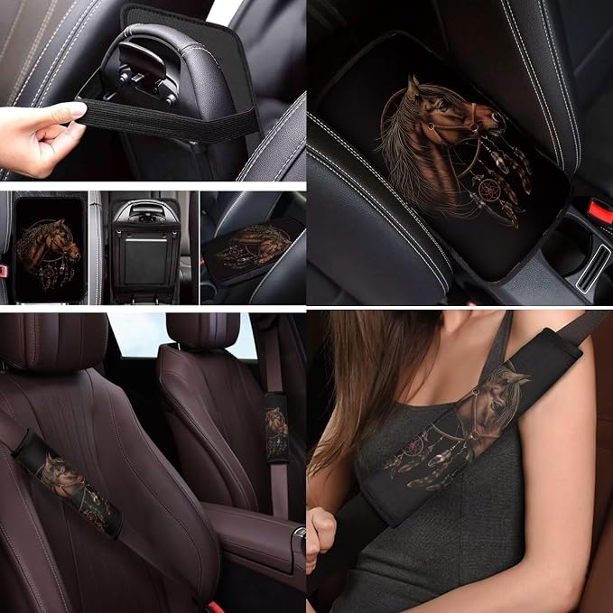 Mumeson Horse Pattern Car Seat Accessories Set Universal Car Seat Covers Set and Steering Wheel Cover,Seat Belt Covers,Car Interior Armrest Cushion Pad Full Set of 8 Pack