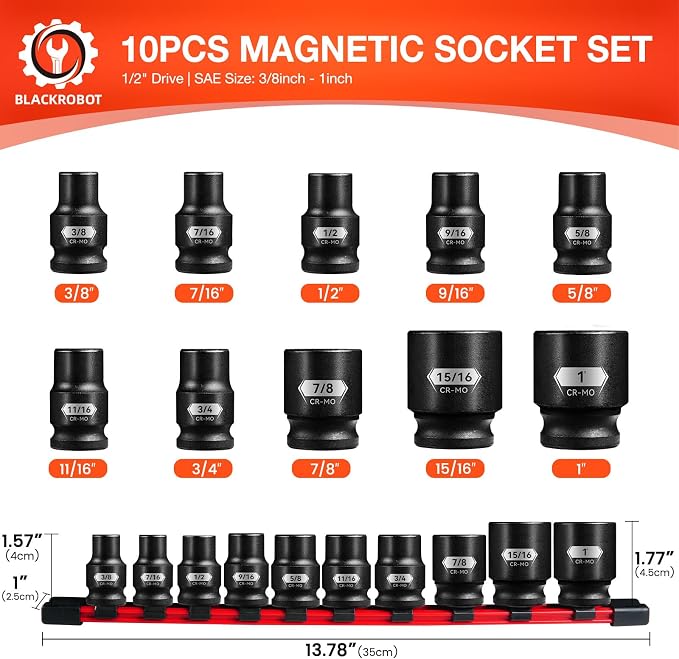 BLACKROBOT 1/2" Drive Magnetic Impact Socket Set, 10-Piece Shallow Socket Set with Storage Rail, SAE 3/8" to 1", 6-Point Magnetic Sockets, Cr-Mo Steel