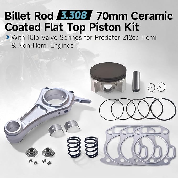 Billet Rod（3.308）70mm Ceramic Coated Flat Top Piston .550 with 18lb Valve Spring Kit for the Harbor Freight Predator 212cc Hemi and Non-Hemi versions Engine Minibike Go Kart Cart