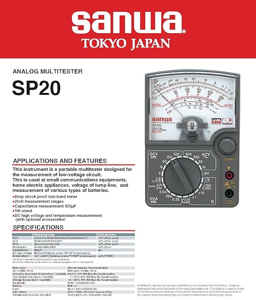 Japan SANWA SP20 Analog Multimeter DC High Volotage & Temperature Measurable SP-20!(SP20)