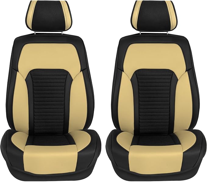 FH Group Front Set Faux Leather Car Seat Covers for Low Back Seat, Universal Fit, Airbag Compatible Car Seat Cushions for SUV, Sedan, Beige