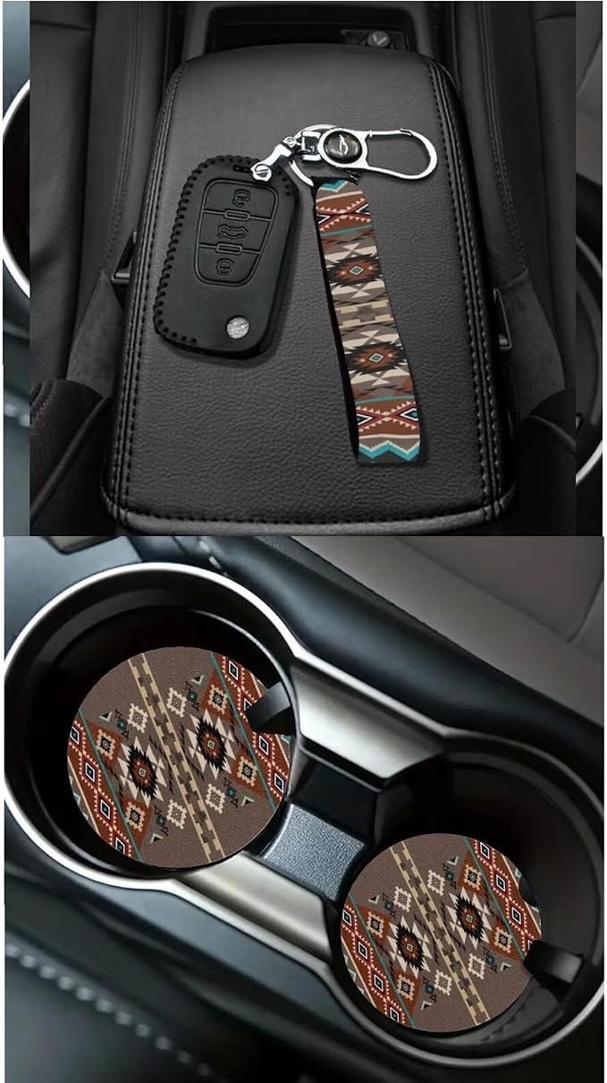 Dreaweet Geometric Aztec Car Seat Covers Full Set 15 Pcs Native American Tribal Seat Covers with Steering Wheel Cover Seat Belt Pads Trash Bag Air Vent Pouch Rear View Mirror Cover Coasters Keychain
