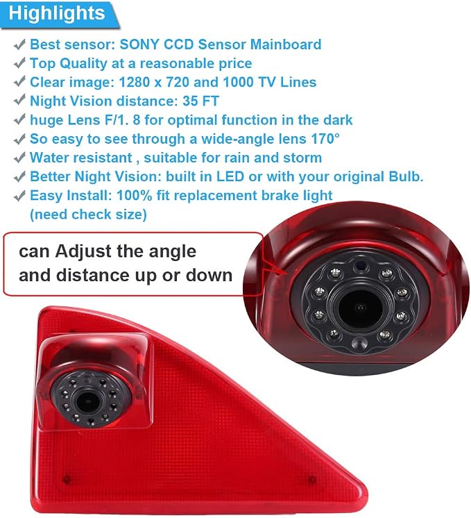 1280 * 720 Pixel Super HD Car Roof Brake Light Backup Camera Transporter Night Vision Reversing Camera Replacement for Renault Master ab 2010/Nissan NV400 ab 2010/Opel Vauxhall Movano ab 2010
