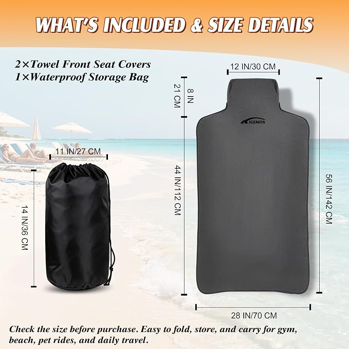 2 Pack Towel Car Seat Covers, Waterproof Washable Front Seat Protectors with Soft Terry Cloth, Non-Slip Backing, Universal Fit for Cars SUVs Trucks,Gym,Beach,Pets, Kids,Road Trips (Gray)