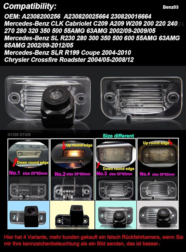 Car Rear View Backup Camera Replacement for Mercedes-Benz CLK Cabriolet C209 A209 W209 200 220 240 270 280 320 350 500 55AMG 63AMG SL R230 280 300 350 600 SLR R199 Chrysler Crossfire Roadster