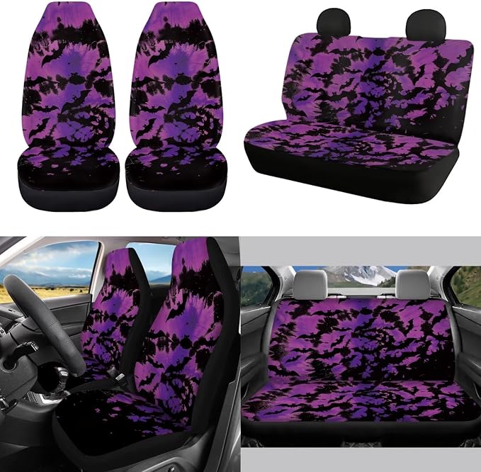 Halloween Bat Car Seat Covers Accessory 14Pcs Tie Dye 15 Inch Steering Wheel Cover,Seatbelt Pad,Bat Coaster,Keychain,Interior Mirror Cover,Gear Shift Knob & Handbreak Cushion for Most Vehicle