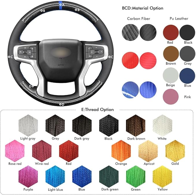 MEWANT Steering Wheel Cover for Chevy Silverado 1500 2019-2024/2500 3500 2020-2024/Blazer 2019-2024/Suburban Tahoe 2021-2024 Carbon Fiber Hand-Stitched Steering Wheel Wrap