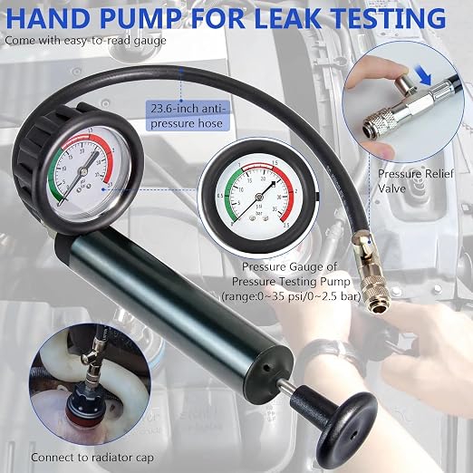 Radiator Pressure Tester Kit, Coolant Pressure Tester & Vacuum Refill Kit, 28Pcs Universal Cooling System Vacuum Fill Tool & Leak Tester for Car Truck SUV Motorcycle