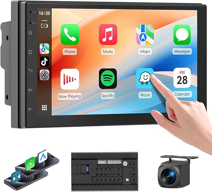 Haudio 7 “ Double Din Car Stereo, Touch Car Radio with Wireless Apple Carplay & Android Auto, Mirror Link, Bluetooth, SWC, Subwoofer Output, 5.1 CHN, Backup Camera, FM/AM Radio