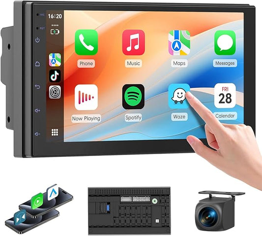 Haudio 7 “ Double Din Car Stereo, Touch Car Radio with Wireless Apple Carplay & Android Auto, Mirror Link, Bluetooth, SWC, Subwoofer Output, 5.1 CHN, Backup Camera, FM/AM Radio