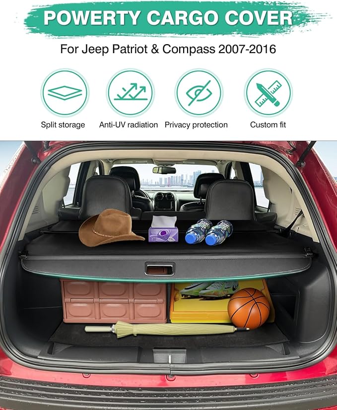 Powerty Cargo Cover for Jeep Patriot & Compass 2007-2016 Accessories Trunk Cover Retractable Trunk Shielding Shade Cargo Luggage Cover No Gap (Not Fit 2017 Jeep Patriot)