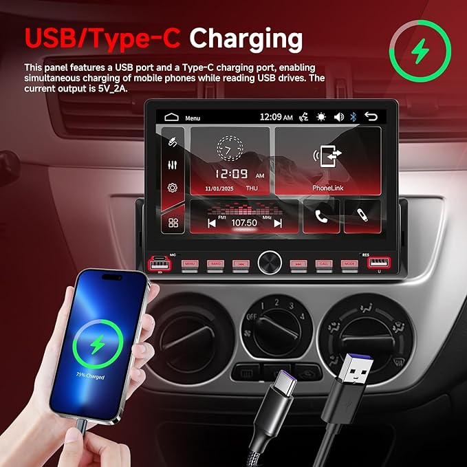 7 Inch Single Din Car Stereo with Mirror Link, Steering Wheel Control, Bluetooth, FM Radio, 7 Color Lights, EQ Adjustment, Online Video Support for Most Vehicles