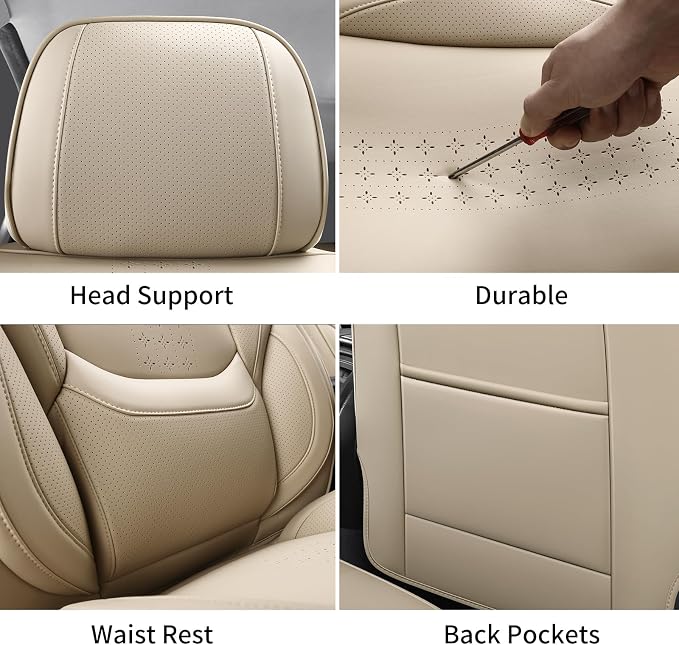Car Seat Covers Full Set, Beige Leather Seat Covers, Breathable Front and Back Car Seat Protectors, Wear-Resistant Seat Covers Universal Fit for Most Cars SUV Truck (Beige-Solid, Full Set)
