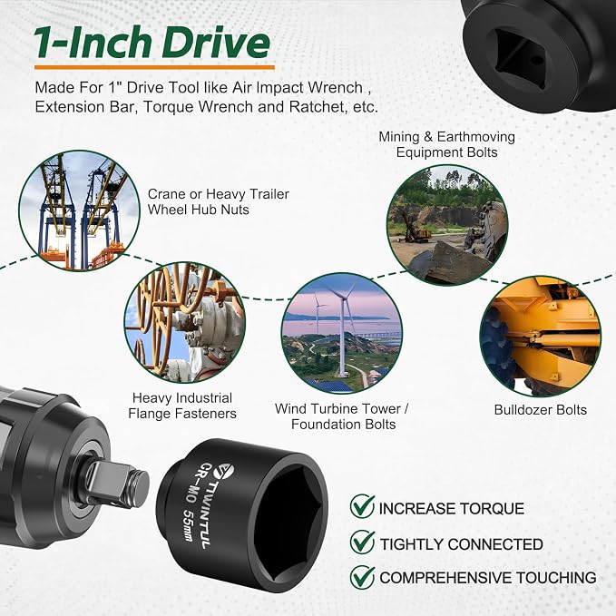 55mm Impact Socket 1-Inch Drive for European Truck & Vehicle | 6 Point Design,CR-MO Metric Socket for High Torque Impact Wrench, Large Socket for Mining, Industrial & Infrastructure Work