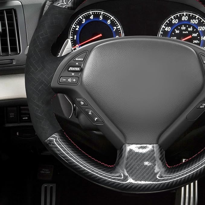 MEWANT Steering Wheel Cover for Infiniti G25 G35 G37 EX35 EX37 Q60 QX50 Made of Shiny PU Carbon Fiber Embossed Athsuede