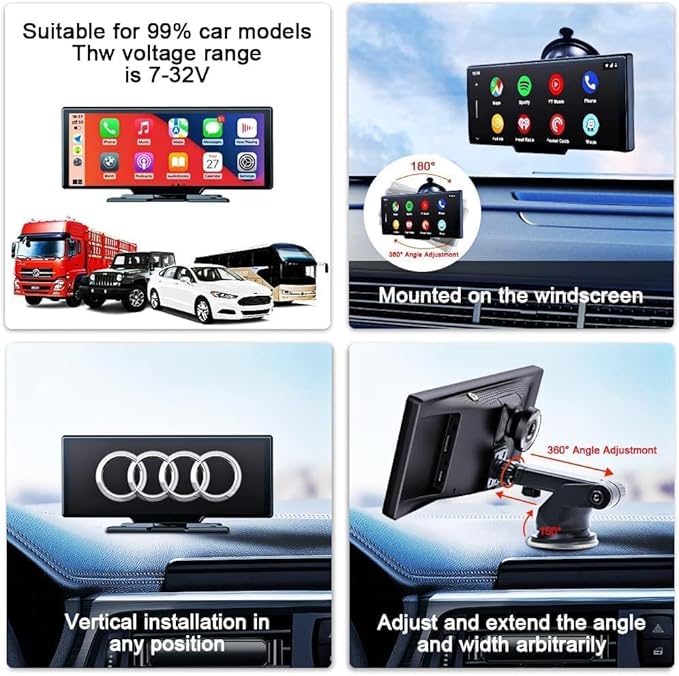 10.26" Wireless Apple CarPlay Screen for Car with Dash Cam, Portable Android Auto Display, Bluetooth/AUX/FM Audio, Voice Control, Plug & Play Dashboard Mount
