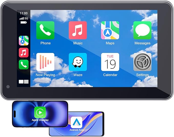 7” Wireless Apple CarPlay & Android Auto Screen - Portable Car Display with AirPlay, Screen Mirroring, FM/AUX Audio, Easy to Install, Convenient Upgrade for Older Cars, Families, Commuters