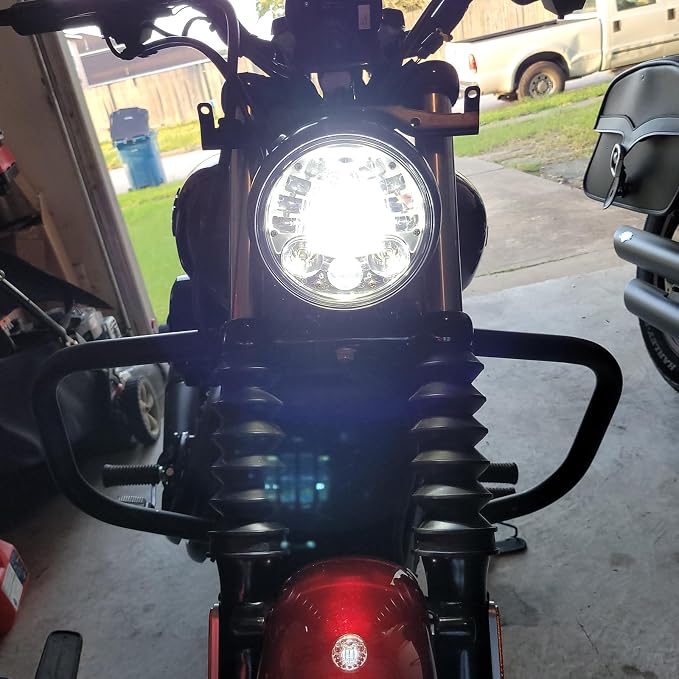 5.75inch Motorcycle Headlight with White DRL Integrated Amber Turn Signal Matte Black Housing Bucket 32-40MM Fork Tube Side Mount Brackets fit for Choppers Metric bikes Cafe racers Vulcan