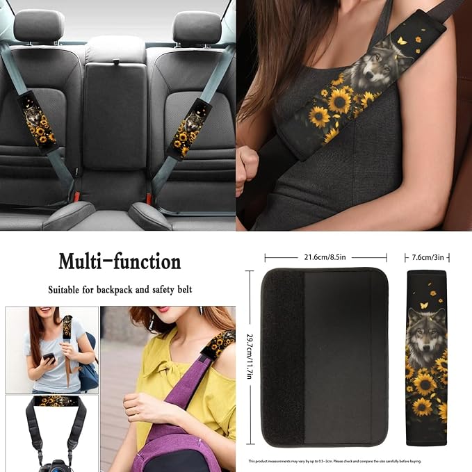Wolf Sunflower Black Print Car Accessories Car Seat Covers Full Set with Steering Wheel Covers+Seat Belt Pads+Coasters+Keychain+Lipstick Holder Universal Fit 13 Pack