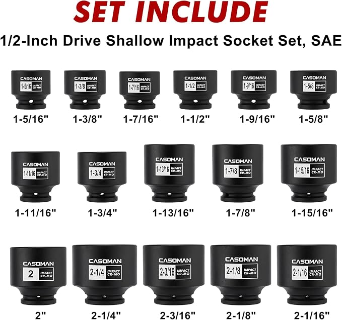CASOMAN 16PCS 1/2" Drive Shallow Spindle Axle Nut Impact Socket Set, 6-Point, Large Socket Set, SAE(1-5/16" to 2-1/4"), CR-MO