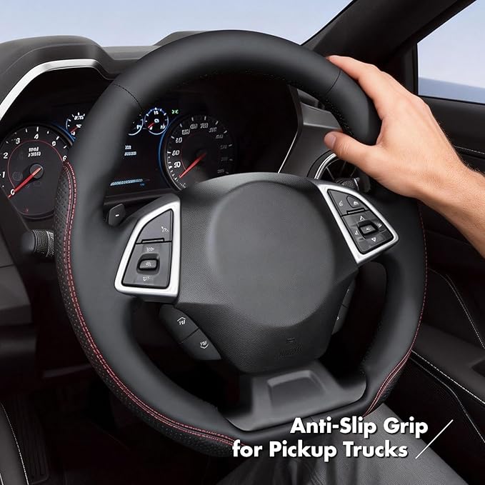 MEWANT Hand Stitch Steering Wheel Cover for Chevy Camaro 2016-2025 Custom Black Genuine Leather Interior DIY Wrap Restoration Kit Anti-Slip Breathable Protector