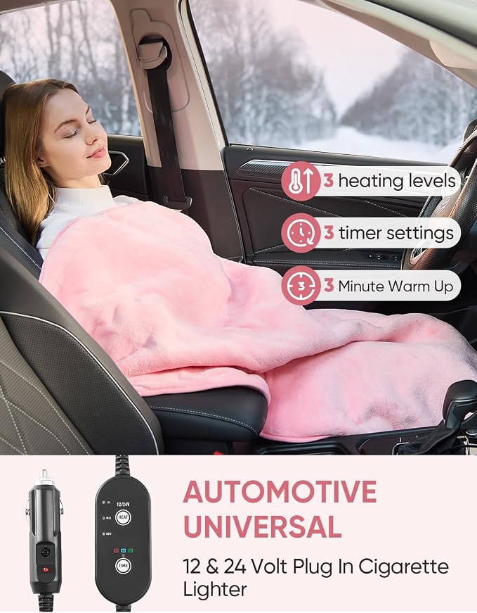 Heated Car Blanket 12/24 Volt Electric Blanket for car, Portable Heated Blanket for Car, Truck, SUV, RV & Camping, Machine Washable, with Temperature Controller 60" x 43"