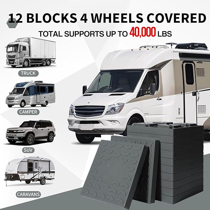 12 Pack Camper/RV Leveling Blocks Suitable for 4 Wheels Interlocking and Anti-Slip Design with Carrying Bag Heavy-Duty for Camper Travel Trailer Grey